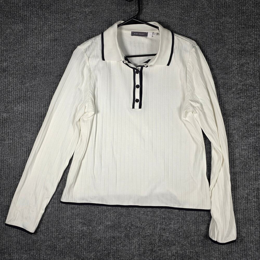 Mint Velvet L‎ Rib Knit Polo Top White Black Trim Long Sleeve Stretch